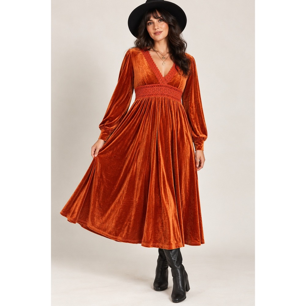 Whimsigoth Burnt Orange Velvet Lace Midi Dress Long Sleeve XL NWT Flaws